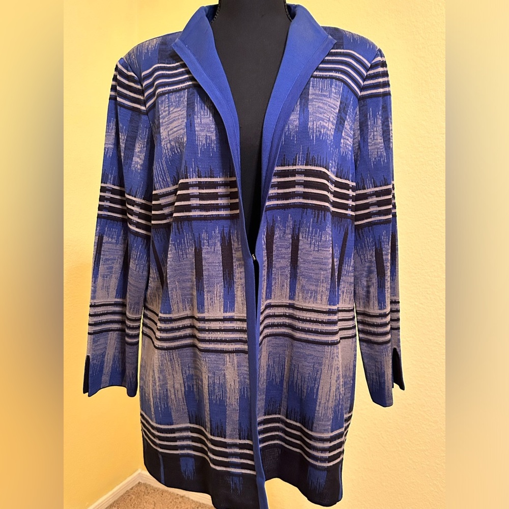 Misook Blue, Grey, and Black Knit Jacket. Size Large